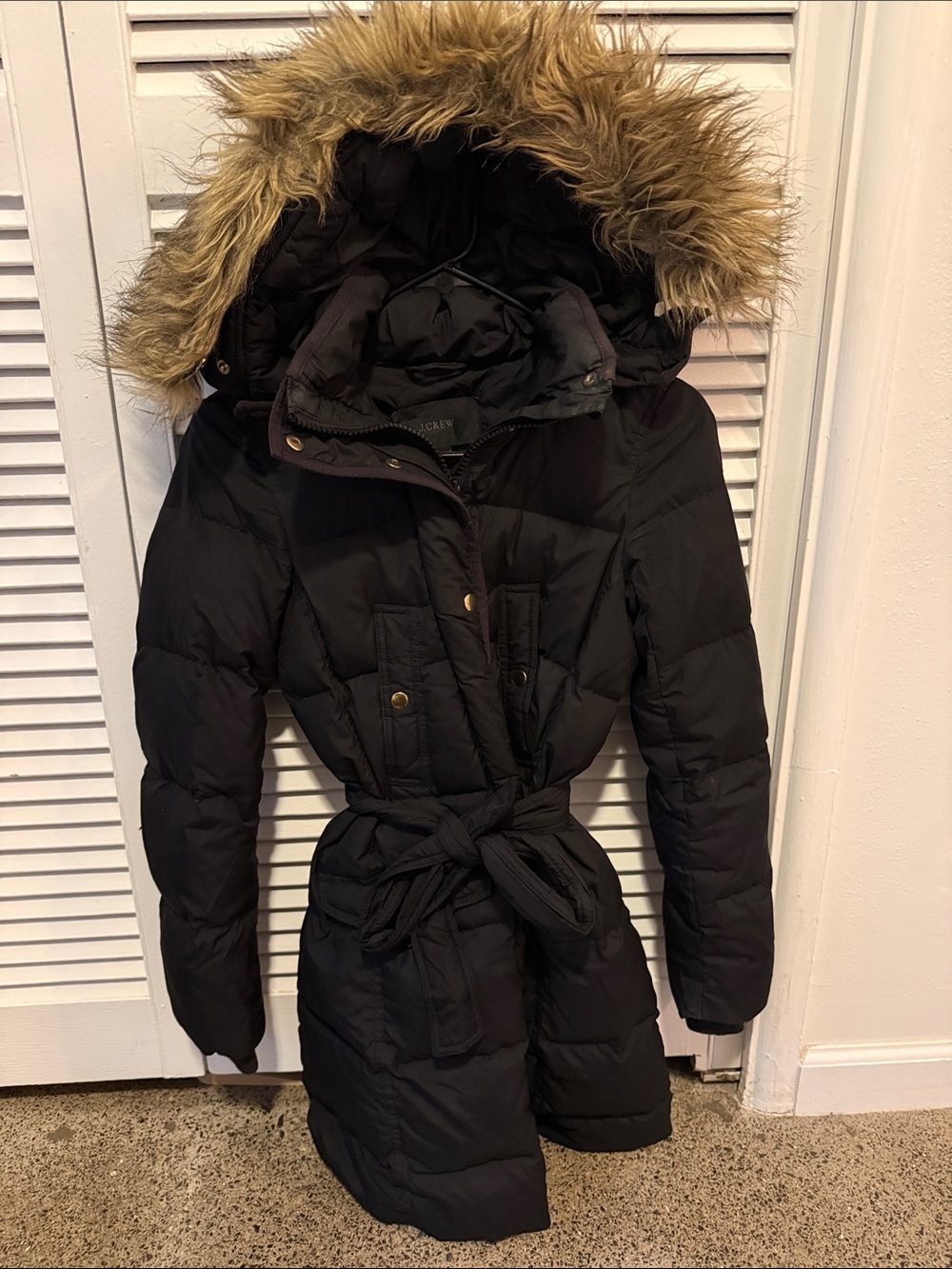 Black Hooded Faux-Fur Trim Puffer Coat with Belt